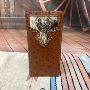 Full Quill Ostrich Print Leather Checkbook Wallet with Rooster Concho